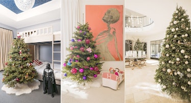 A three-part collage with Christmas trees in different rooms of Kourtney Kardashian's house