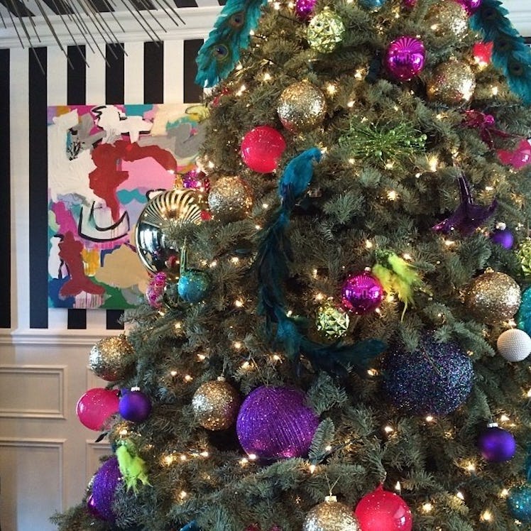 A decorated Christmas tree with various ornament at Khloe Kardashian's Christmas celebration party