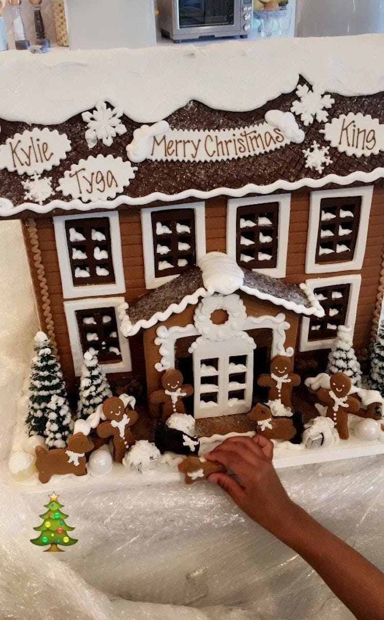 A gingerbread house with the names Kyie, Tyga and King on it at Kylie Jenner's house