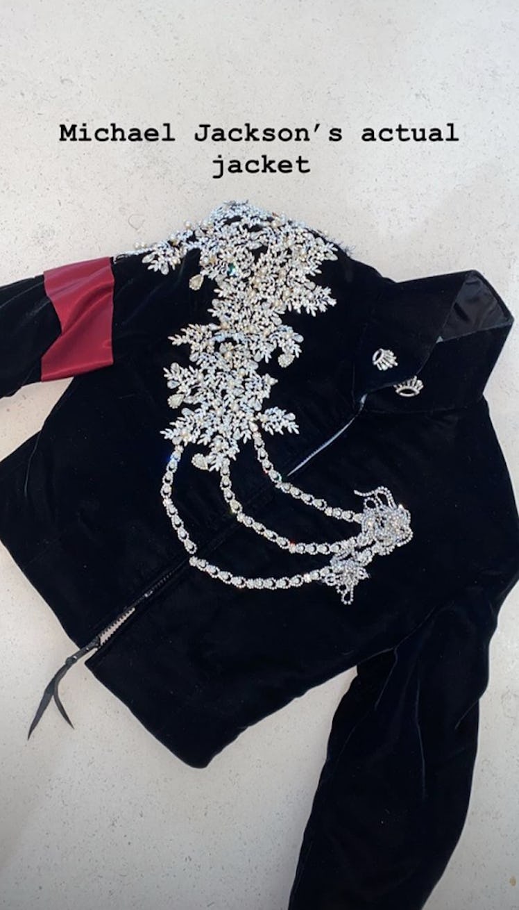 An Instagram story post by Kim Kardashian with a jacket that originally belonged to Michael Jackson