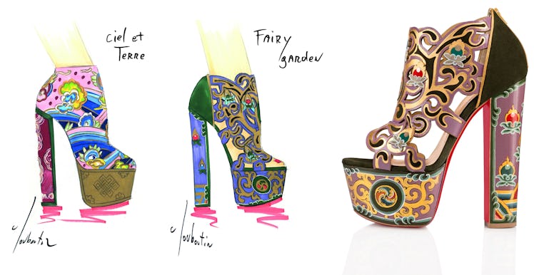 Three drawings of colorful heel shoes on a white background
