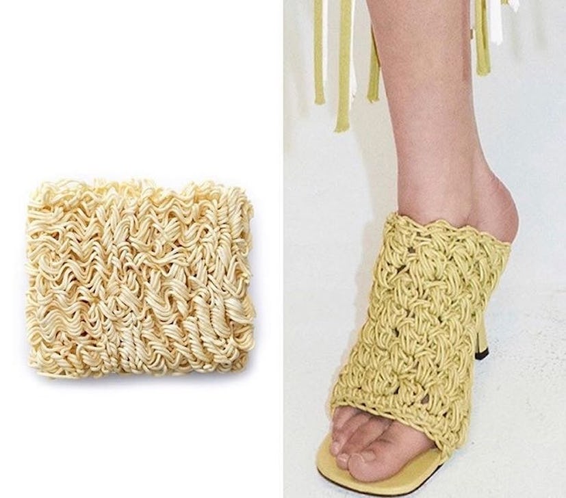 A two-part collage with an instant ramen noodle block and Bottega Veneta shoes