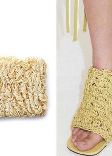 A two-part collage with an instant ramen noodle block and Bottega Veneta shoes