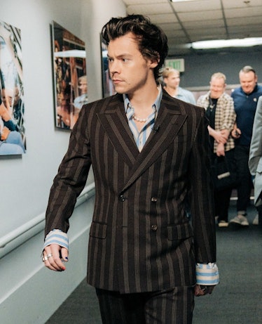 Harry Styles looking serious as a guest-host at the The Late Late Show with James Corden.