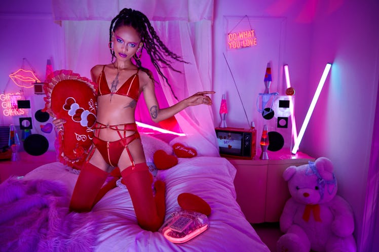 A model wearing red underwear from Rihanna and Adam Selman's Savage x Fenty Valentine's Day collab 