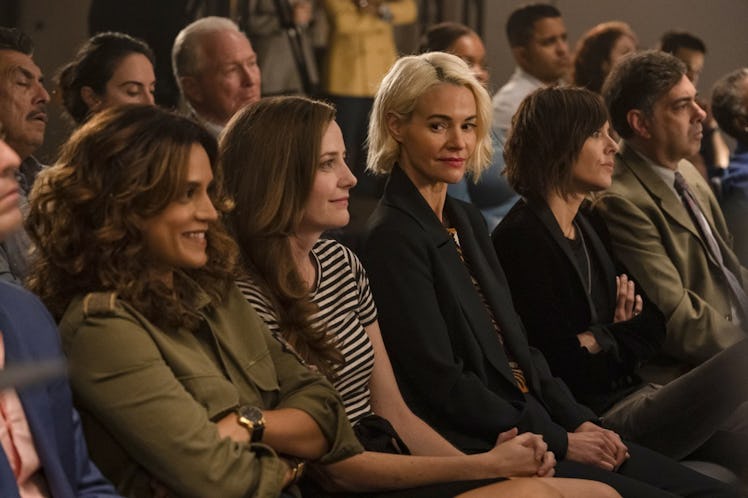 Gigi, Nat, Alice, and Shane sitting next to each other in *The L Word: Generation Q” episode 3.