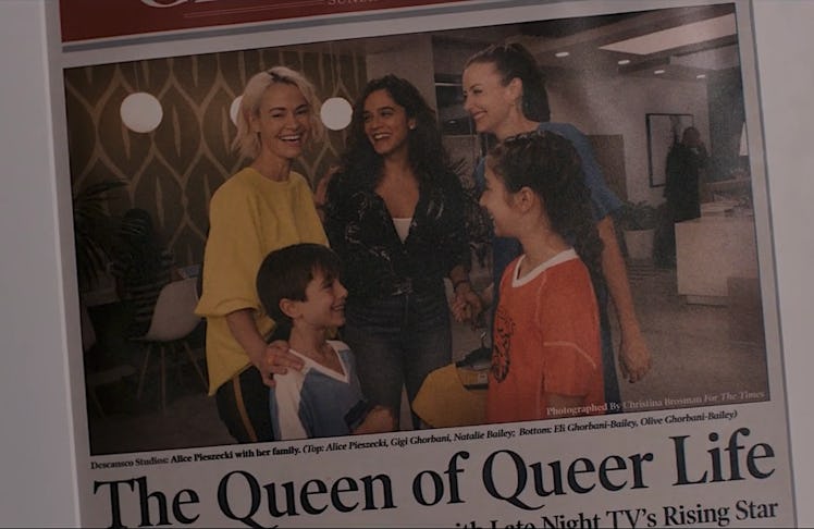 An L.A. Times clipping featuring Alice, Gigi, and Nat in The L Word: Generation Q episode 4.