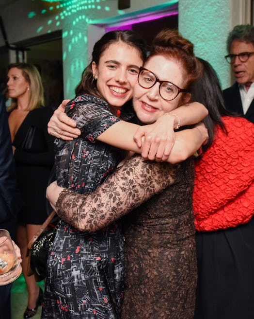 Margaret Qualley and Lynn Hirschberg smiling and hugging at W Magazine’s Best Performances Party
