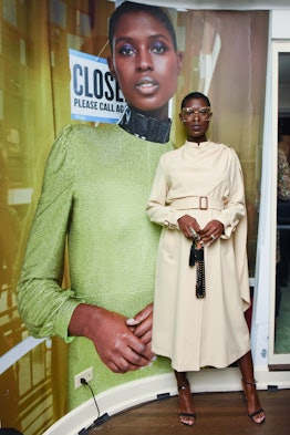 Jodie Turner-Smith in a beige dress standing and posing at W Magazine’s Best Performances Party