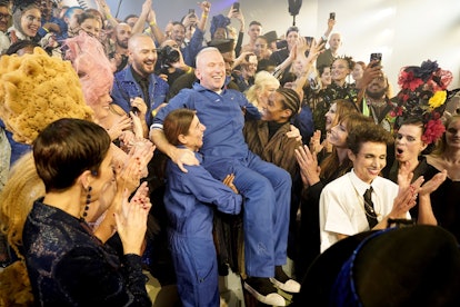 Designer Jean Paul Gaultier celebrating after presenting his final collection at Paris Haute Couture...