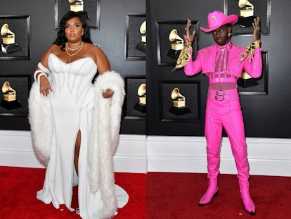 Lizzo in a white gown and Lil Nas X in a pink suit, top and cowboy hat at the Grammy Red Carpet both...