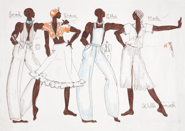 Smith’s sketches for Deep South Suite featuring four models wearing mostly white outfits