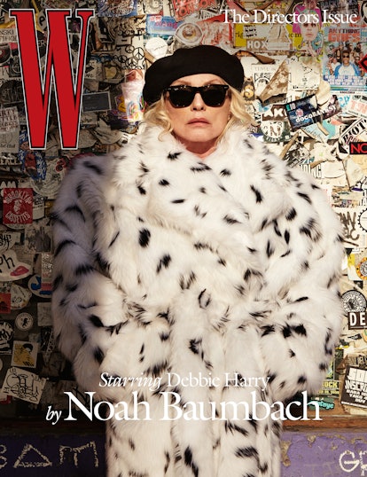 Debbie Harry on the cover of W Magazine in a black and white fur coat, black beret and sunglasses