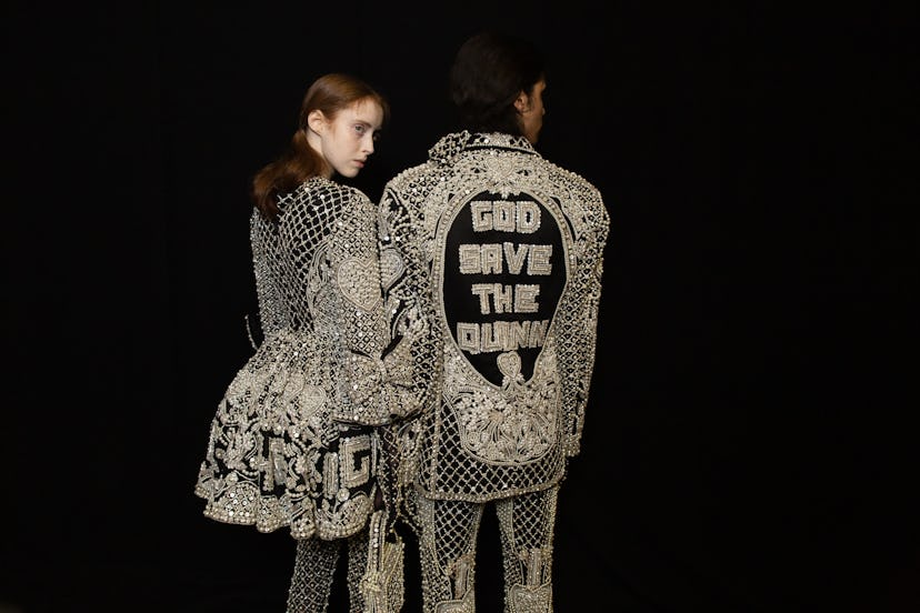 Models wearing pieces from Richard Quinn‘s fall collection