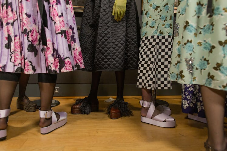 Feet of models wearing shoes at the Erdem fall 2020 show