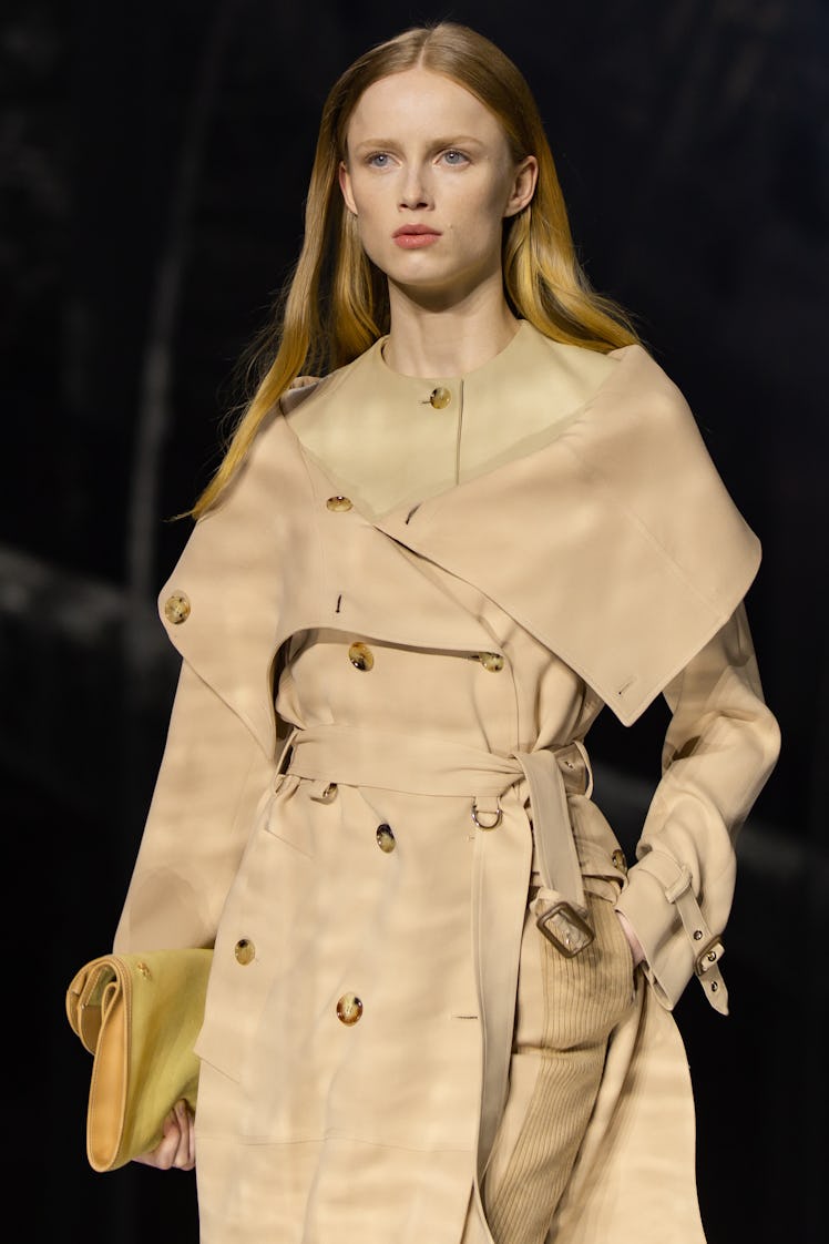 A model wearing a beige coat at the Burberry Fall 2020 show