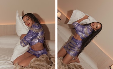 Collage of two photos of Tinashe posing in a purple crop top and matching skirt while hugging a whit...