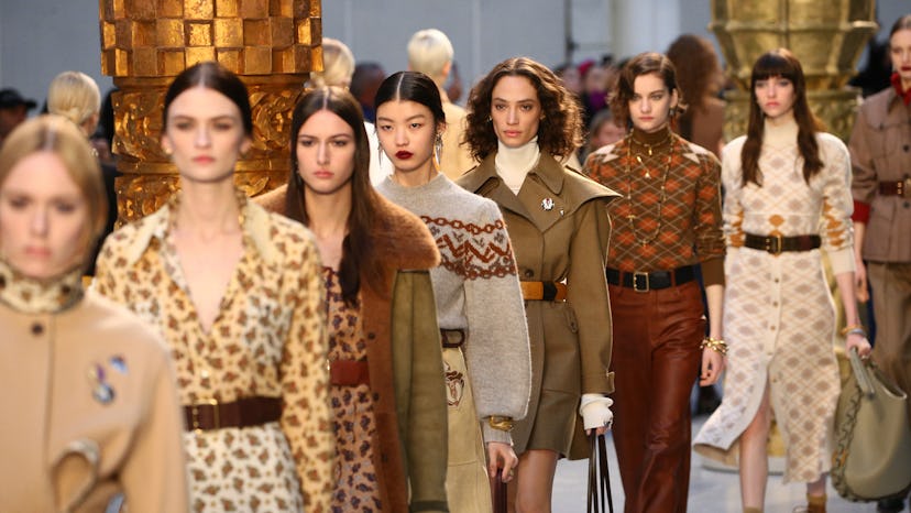 Models walking the runway at Chloé’s Fall 2020 Show wearing mostly brown and neutral-colored outfits