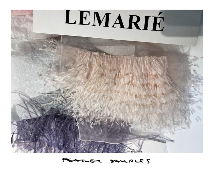Two pieces of feather fabrics and a print with the text 'LEMARIE' by Chanel