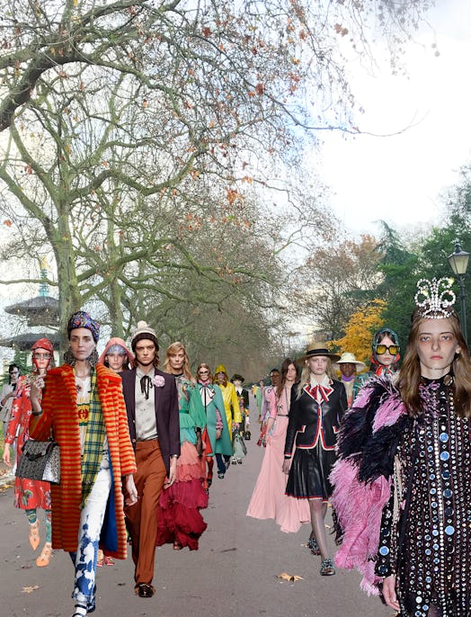 A collage with models wearing items from different Alessandro Michele's collections walking down a s...