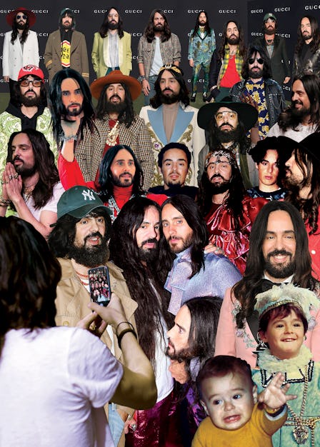 A multiple-part collage with Alessandro Michele in various poses