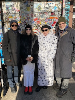 Noah Baumbach, Moonves, Debbie Harry, and Stephen Shore posing for a photo while wearing winter jack...