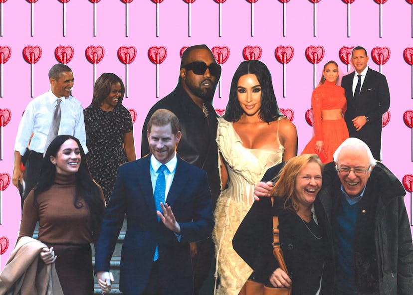 A collage with five the most compatible celebrity couples and red heart-shaped lollipops in the back...