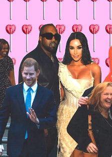 A collage with five the most compatible celebrity couples and red heart-shaped lollipops in the back...