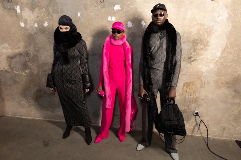 Models backstage wearing pieces from Marine Serre fall 2020 collection