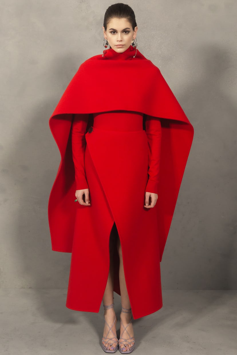 Kaia Gerber Backstage at the Givenchy Fall 2020 Runway Show in a red dress