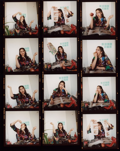 A twelve-part collage with portraits of Catherin Cohen in various poses