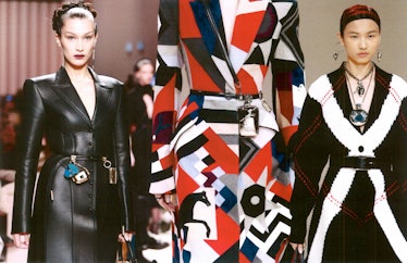 A collage with models walking the runway with tiny bags by Fendi, and Alexander McQueen  