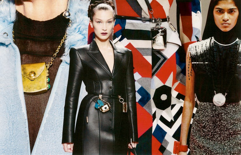 Collage of female models walking with tiny bags