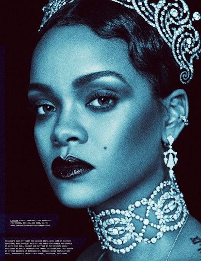 Rihanna wearing a tiara and a diamond choker with a blue filter 