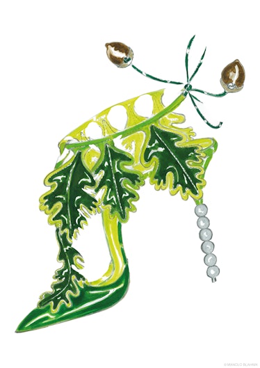 One of Manolo Blahnik's sketches of a shoe with leaves and pearls