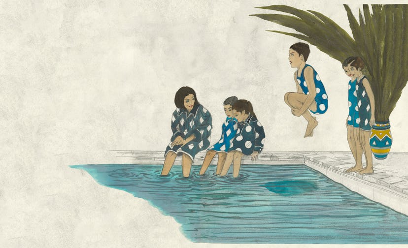A painting by the artist Marcel Dzama picturing five women next to a swimming pool in blue-white bat...