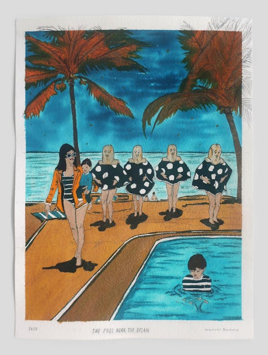 A painting by Marcel Dzama with four women standing, a person swimming and a woman with a child next...