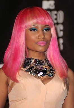 Singer Nicki Minaj with a pink hairstyle in the press room at the 2010 MTV Video Music Awards