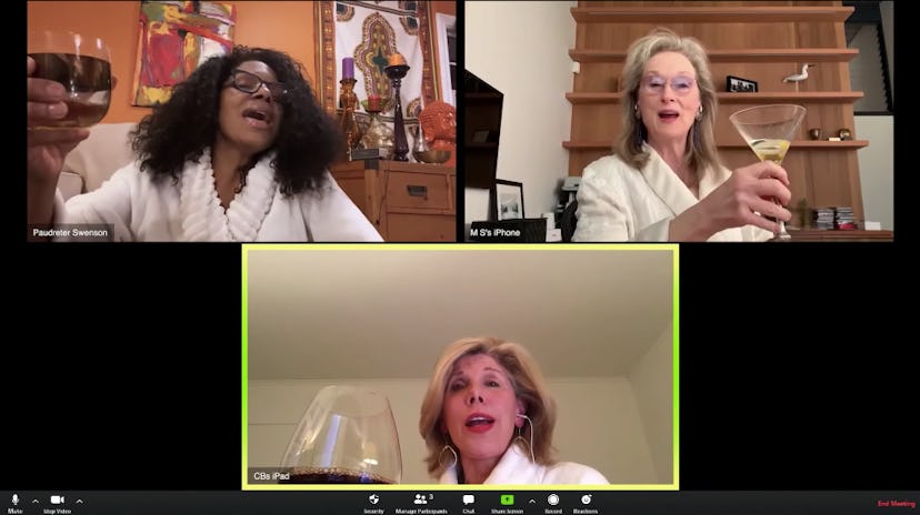 audra mcdonald meryl streep christine baranski toasting on zoom