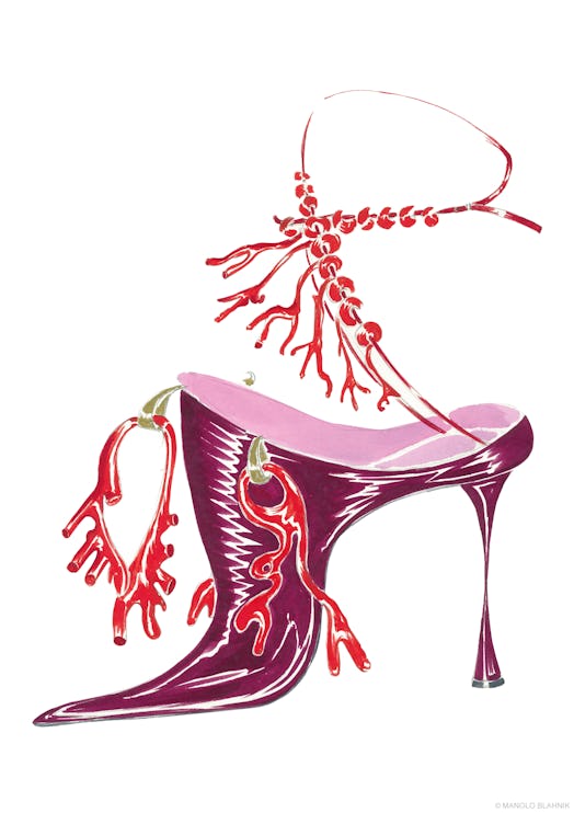 One of Manolo Blahnik's sketches of a pink-red sandal with coral details