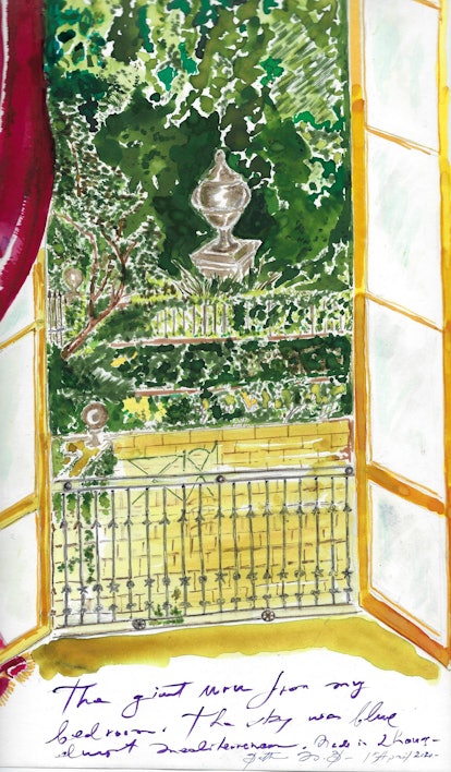 One of the Manolo Blahnik sketches of the view from his window with a garden