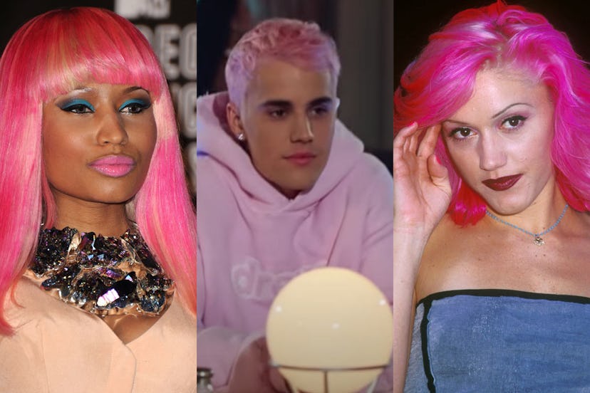 Collage of Nicki Minaj, Justin Bieber, and Gwen Stefani with pink hair