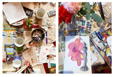 Side by side photos of collages in the making on the dining table of the sisters' home 