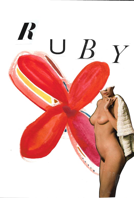 A finished collage by the Bini sisters of a nude woman with a red flower and "ruby" behind her 