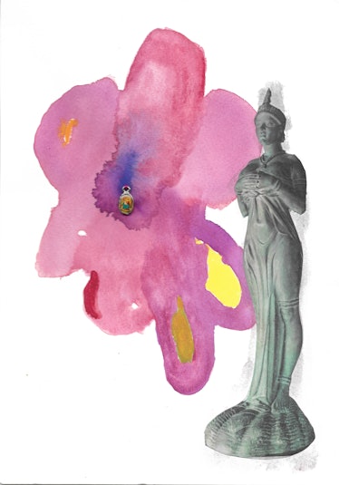 A finished collage by the Bini sisters of a statue of a woman and a flower