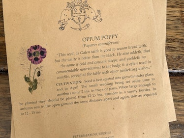 An explanation that came with poppy seeds that Simone Rocha has from Petersham Nurseries 