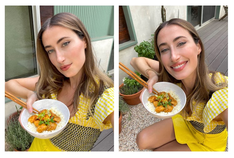 A two-part collage with selfies by curator Brooke Wise in a yellow dress posing with her food in a w...