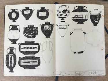 Katy Stubbs’ works in progress in a notebook with several drawings