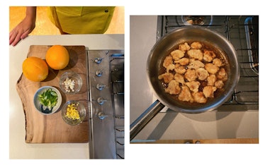 A two-part collage with a cutting board with ingredients on it ad a pot with food being cooked in it