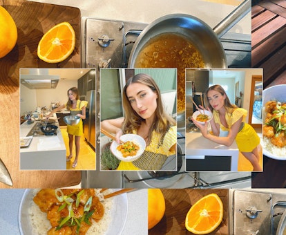 A multi-part collage of Curator Brooke Wise in a yellow dress cooking in a kitchen